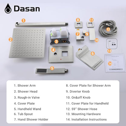 DASAN Tub Shower Faucets Sets Complete Brushed Nickel Bathtub Shower System with Waterfall Tub Spout, Bathtub Faucet Set Tub and Shower Faucet Combo Trim Kit with Valve, DA-SS04BN-S10W