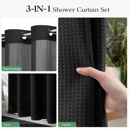 Black Hook Free Waffle Shower Curtain & Snap-in Fabric Liner,72x75 | Less Time to install, 3 in 1 Fabric Shower Curtain and Liner Set with Magnets, Mesh Top Window, Shower Curtains for Bathroom