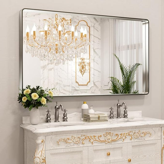 LOAAO 60X30 Inch Brushed Nickel Bathroom Mirror, Rounded Rectangle Silver Metal Frame Mirror, Brushed Nickel, Anti-Rust, Shatter Proof, Hangs Horizontally or Vertically