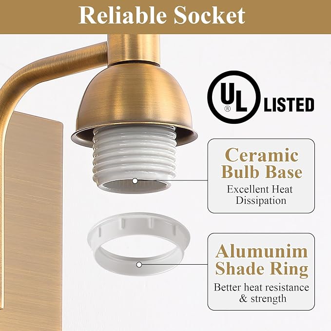 Mecgirn Stainless Steel Milk Glass Vanity Lights for Bathroom, 2 Light Brass Bathroom Light Fixtures Over Mirror, Ceramic E26 Sockets Wall Mounted