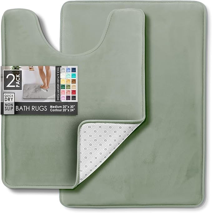 Clara Clark 2 Piece Bathroom Rugs, Velvet Memory Foam Bath Mat Set, Non-Slip Bath Rugs, Machine Wash, Dries Quickly, Ultra Soft Plush Bath Mats for Bathroom, 17 x 24 + Contour, Ice Green