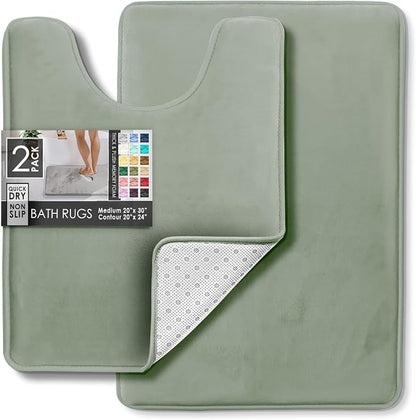 Clara Clark 2 Piece Bathroom Rugs, Velvet Memory Foam Bath Mat Set, Non-Slip Bath Rugs, Machine Wash, Dries Quickly, Ultra Soft Plush Bath Mats for Bathroom, 17 x 24 + Contour, Ice Green