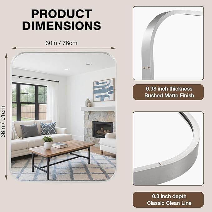 30"x36" Bathroom Mirror for Over Sink, Brushed Nickel Vanity Mirror | Aluminum Alloy Frame, Clear Reflection, Rust-Resistant, Vertical or Horizontal, Wall Mount, Bedroom and Entryway