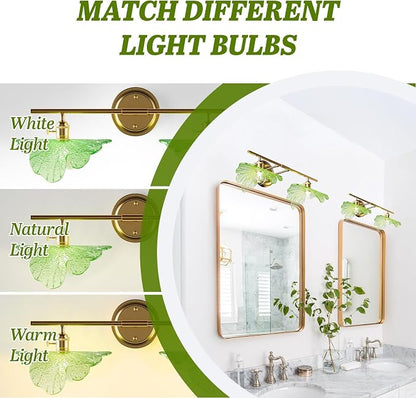 2 Light Vintage Wall Sconces with Glass Shades,Vanity Light,Bathroom Light,Wall Lighting Fixture for Mirror,Home Decor Art Wall Light (Golden+Green, 2-Lights)