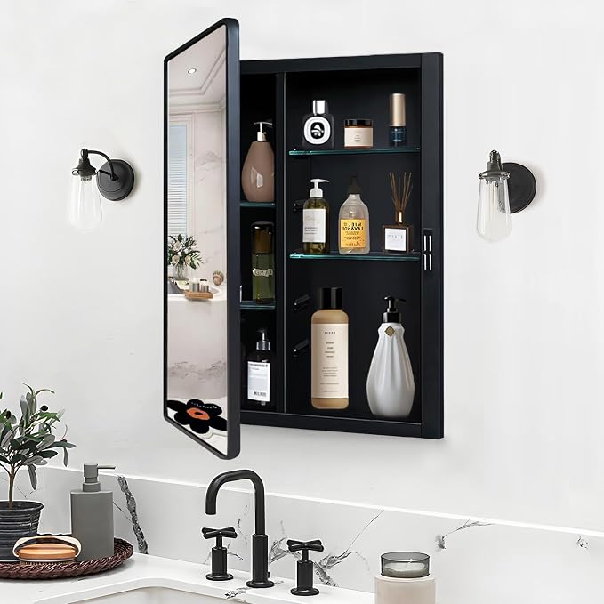Black Medicine Cabinet 22x28 inch, Bathroom Mirror with Storage, Recessed or Wall Mounted Farmhouse Cabinets, Metal Framed Adjustable Shelves, One Door Open Left or Right