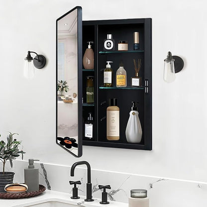 Black Medicine Cabinet 22x28 inch, Bathroom Mirror with Storage, Recessed or Wall Mounted Farmhouse Cabinets, Metal Framed Adjustable Shelves, One Door Open Left or Right