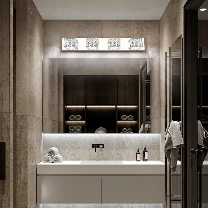 4 Light Bathroom Vanity Light - Crystal Modern LED Vanity Lights Bar - Chrome Bath Lighting Fixtures Over Mirro