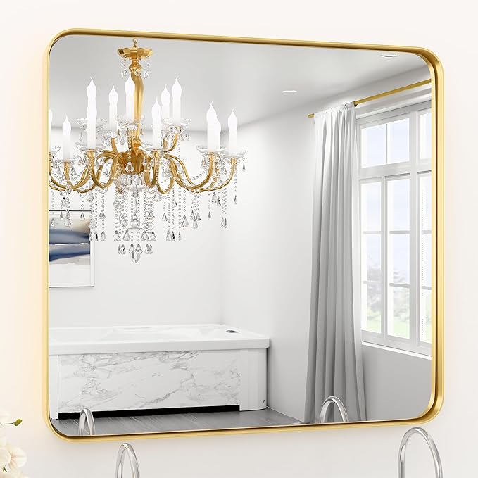 30"X30" Large Gold Metal Framed Bathroom Mirror for Wall, Large Mirrors for Spacious Rooms,Gold Rounded Rectangle Mirror, Brushed Gold Bathroom Vanity Mirror Farmhouse, Anti-Rust, Tempered Glass