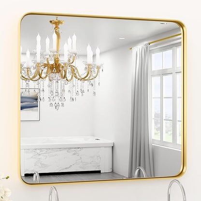 30"X30" Large Gold Metal Framed Bathroom Mirror for Wall, Large Mirrors for Spacious Rooms,Gold Rounded Rectangle Mirror, Brushed Gold Bathroom Vanity Mirror Farmhouse, Anti-Rust, Tempered Glass