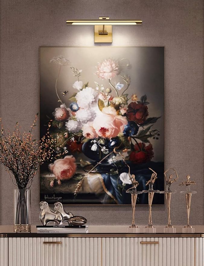 Joosenhouse LED Picture Light Fixtures Dimmable 16.53" Inch Modern Metal Artwork Hallway Lamps with Single Swing Arm, 7W (50W Eqv.), Hardwired Connection, Warm White, CRI80+, Golden-Like Brass Finish