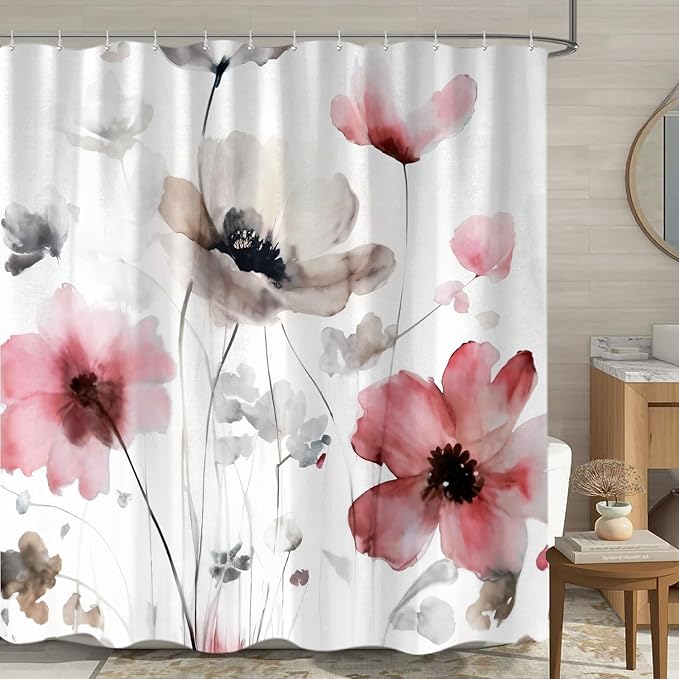 Sanzugh Boho Floral Shower Curtain, Cream Tan Beige Red Grey White Flower Farmhouse Fabric Shower Curtains Set for Bathroom Decorative with Hooks 72 X 72 inch Spring Bath Decor