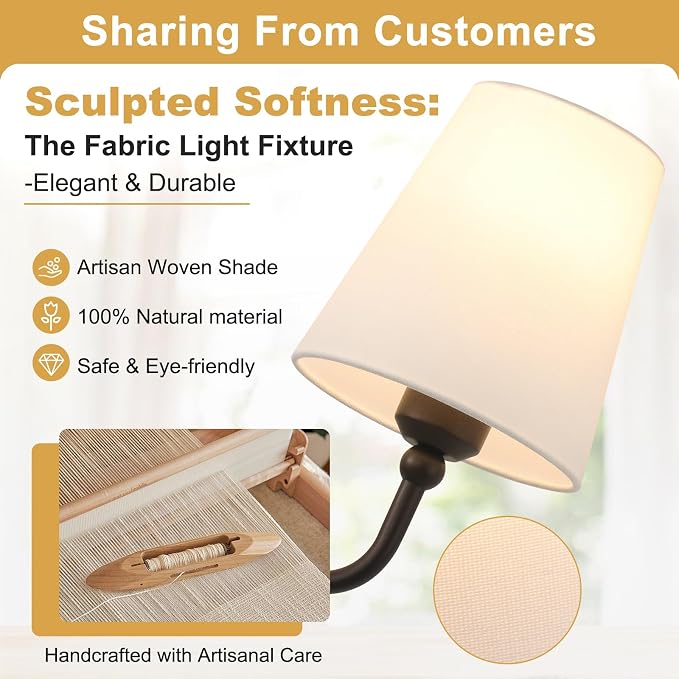 Bathroom Light Fixtures, 3-Light Oil Rubbed Bronze Vanity Lights, 25" Bathroom Lighting Fixtures Over Mirror with White Flared Fabric Shade, Modern Wall Sconces for Bathroom Living Room Hallway
