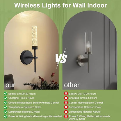 Crystal Battery Operated Wall Sconce, Modern Wireless LED Wall Sconces Set of 2 with Remote 3CCT Dimmable Timer, USB Rechargeable Cordless Wall Lights for Living Room Bedroom Bathroom Hallway, Black