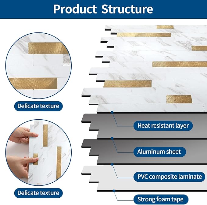 Yipscazo 1 Sheet Peel and Stick Stone Metal Tile Backsplash, Stick on Tiles for Backsplash Kitchen, Bathroom, Laundry Room, Camper, Fireplace (12'' X 12'', White Stone with Gold)