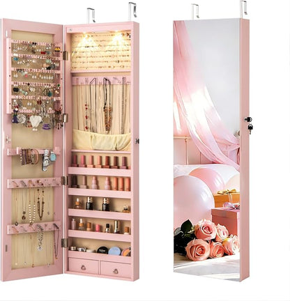 NAFORT 2 LEDs Jewelry Armoire with Full Length Mirror, Lockable Hanging Jewelry Organizer Cabinet with Categorical Storage, Wall or Door Mounted Jewelry Box with 2 Drawers for Cosmetic, Light Pink