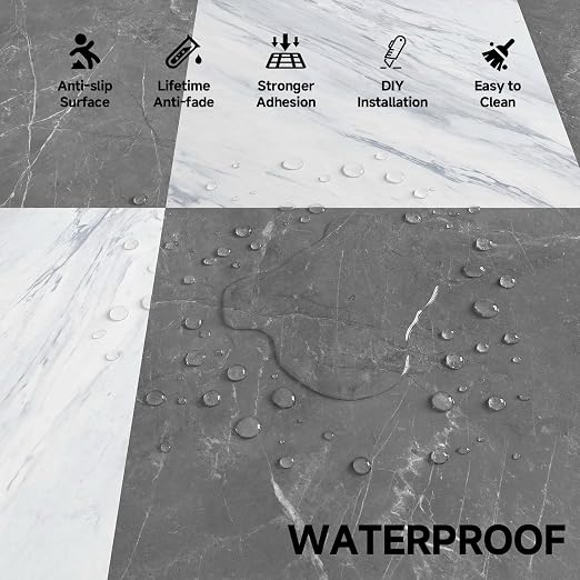Peel and Stick Floor Tiles | Light Gray Marble | 30 Sq.Ft | Matte Finish / Surface Coated / Anti-Sctrach / Easy to Clean / Kitchen /Bathroom / Living Room /RV