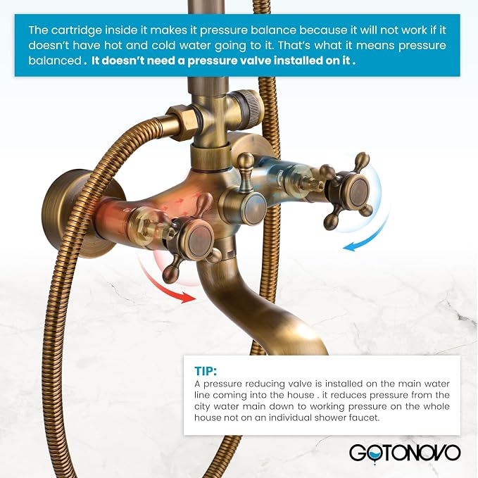 gotonovo Exposed Bathroom Shower System Two Cross Handle Antique Brass | Vintage Brass Tub Shower Faucet Set,8’’ Rain Head with Handheld Spray,Swivel Tub Spout,6’’ Hole Distance,Adjustable Height