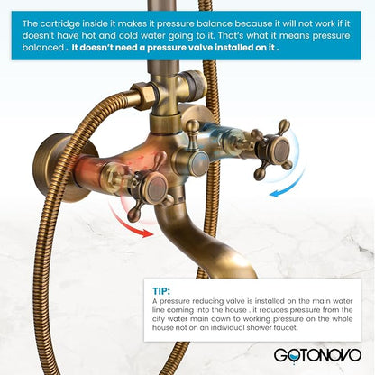 gotonovo Exposed Bathroom Shower System Two Cross Handle Antique Brass | Vintage Brass Tub Shower Faucet Set,8’’ Rain Head with Handheld Spray,Swivel Tub Spout,6’’ Hole Distance,Adjustable Height