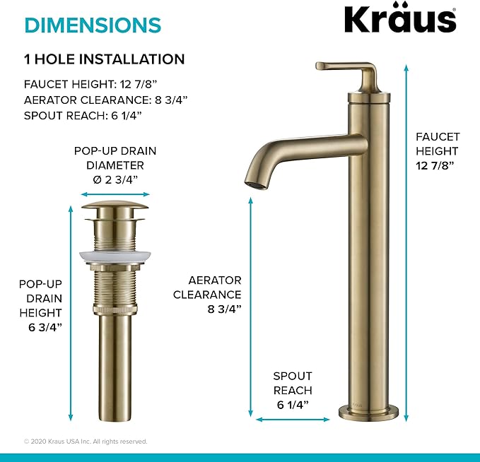 KRAUS Ramus Single Handle Vessel Sink Bathroom Faucet with Pop-Up Drain in Brushed Gold, KVF-1220BG-2PK