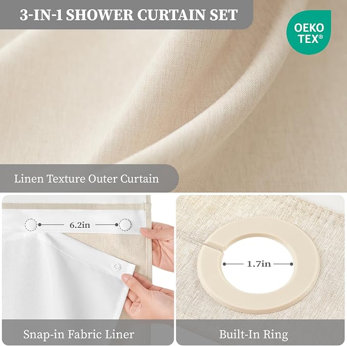Cream Ringless Linen Textured Shower Curtain with Snap in Liner, 72x75 | 3 in 1 Hotel Shower Curtain Set, Removable Liner, Waterproof & Washable, Mesh Top Window, Durable Fabric, Easy to Install
