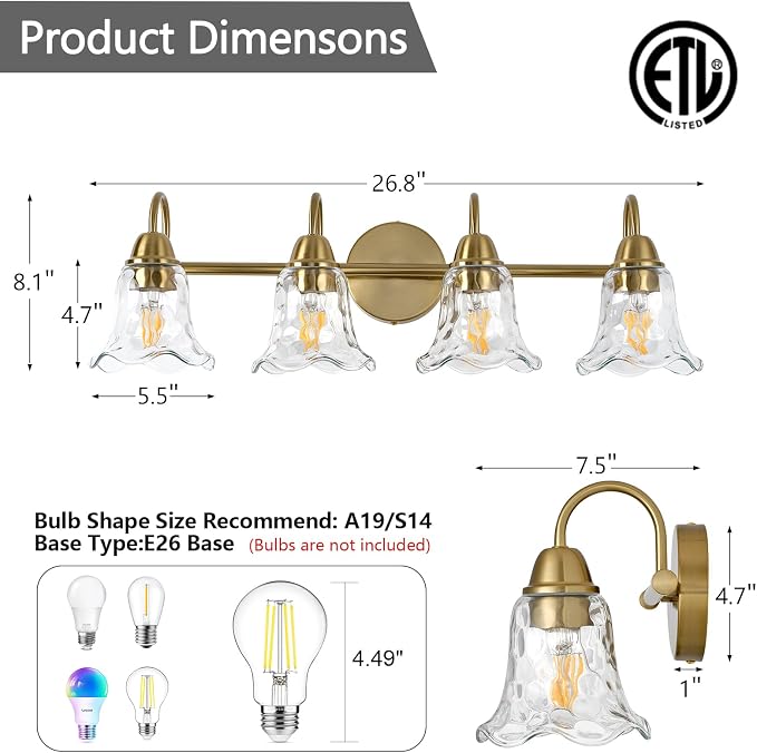 Bathroom Light Fixtures Over Mirror, 4 Lights Vintage Wall Sconces with Hammered Glass Shade, 26.8" Gold Bathroom Wall Light Fixtures for Bedroom, Porch, Hotel, Mirror Cabinet