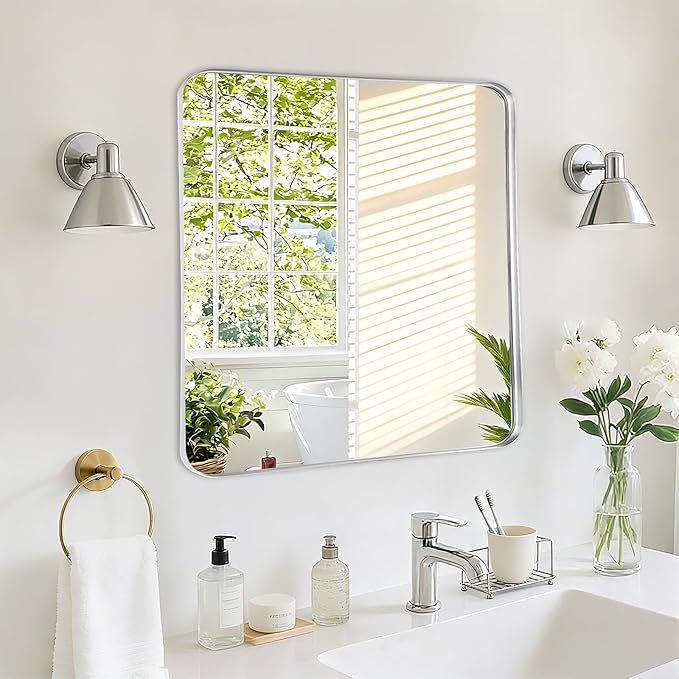 Fabuday Silver Wall Mirror for Bathroom - 24x24 Inch Square Bathroom Mirrors for Over Sink, Small Framed Mirror with Chrome Matte Frame for Restroom, Hallway, Entryway, Living Room, Bedroom Decor