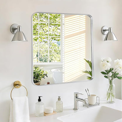 Fabuday Silver Wall Mirror for Bathroom - 24x24 Inch Square Bathroom Mirrors for Over Sink, Small Framed Mirror with Chrome Matte Frame for Restroom, Hallway, Entryway, Living Room, Bedroom Decor