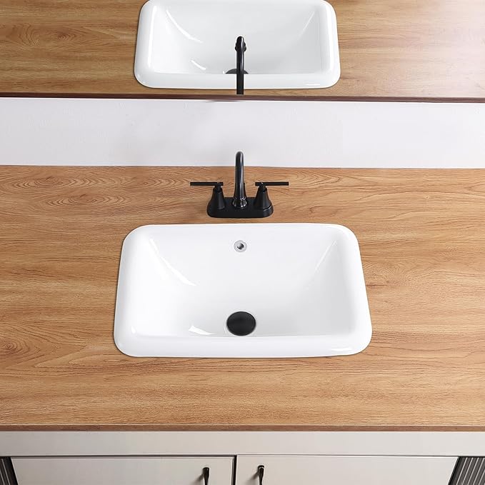 Bathroom Vessel Sink 21 Inch Drop In Bathroom Sink Rectangular Semi Recessed Sinks with Overflow White Ceramic Small Vanity Sinks for Bathrooms