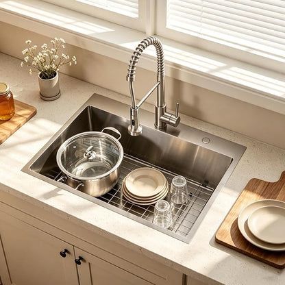 33x22 Inch Drop In Kitchen Sink, Topmount Stainless Steel Brushed Nickel Single Bowl Kitchen Sink, Extra-thick 16 Gauge For RV Laundry Utility with Dish Grid and Basket Strainer YSD013