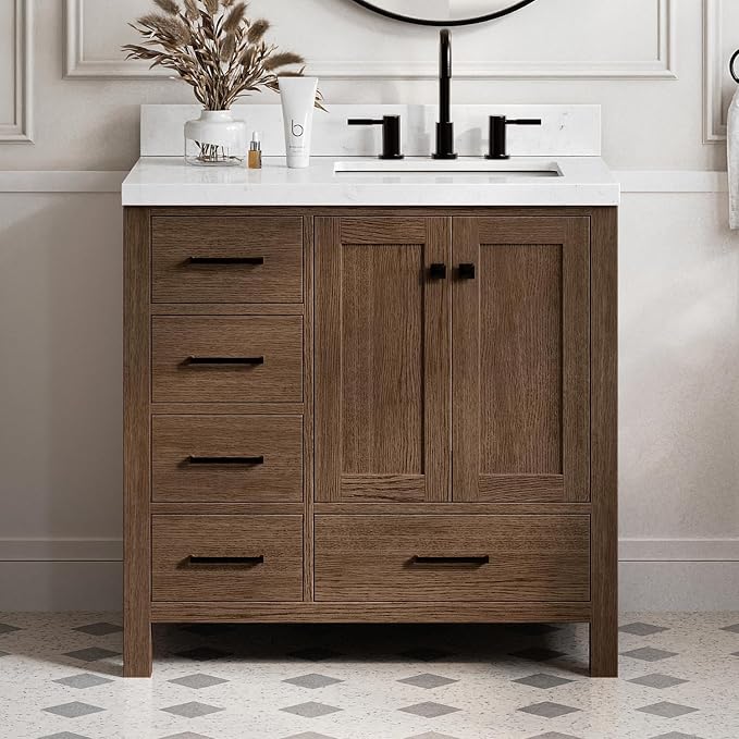 ARIEL Cambridge 36-inch Bathroom Vanity with Sink,Solid Wood, 1.5-inch Carrara White Quartz Countertop, Single Rectangular Porcelain Sink, 2 Soft Closing Doors, 5 Dovetail Drawers, Brown Oak