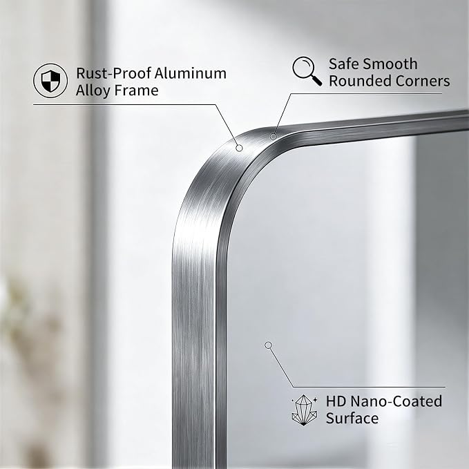 Bathroom Mirror for Wall, 30"x48" Black Bathroom Mirror for Over Sink, Shatterproof Tempered Glass Vanity Mirror with Anti-Rust Aluminum Alloy Frame, Hang Horizontally or Vertically, Silver