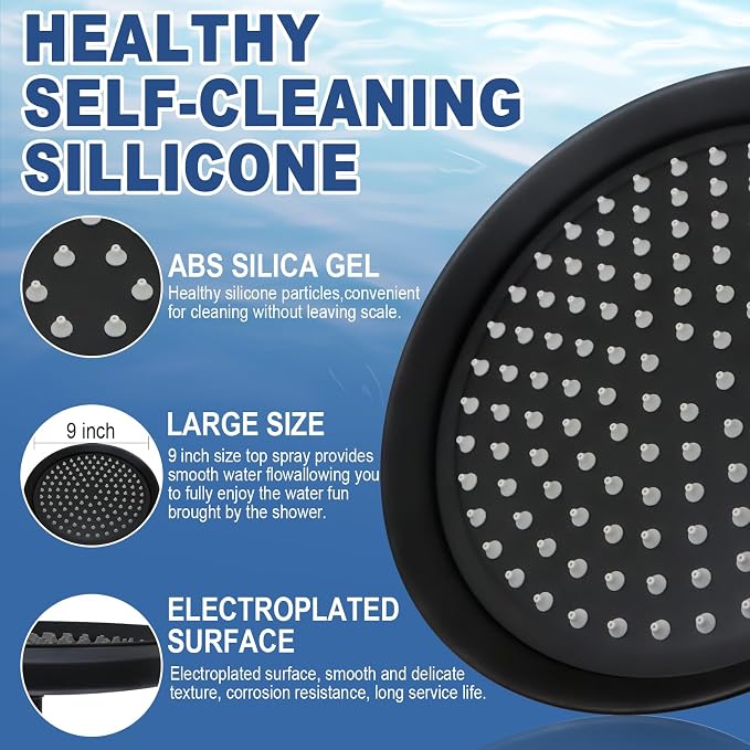 Matte Black 9 Inch Round Rain Shower Head, High Pressure Rainfall Showerhead Vintage Thickness Stainless Steel Shower Heads with Silicone Nozzle - Bath Modern Flexible Overhead
