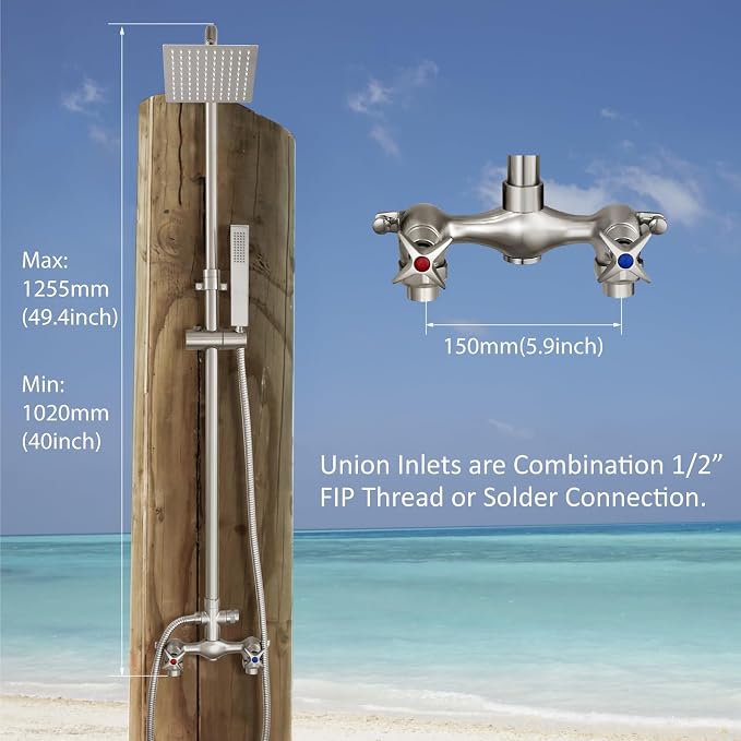 Aolemi Outdoor Shower Kit with Handheld,Square Rain Shower,Brushed Nickel | 2-Handle Hot and Cold Control, Adjustable Height, 6-Inch Center Valve, 59-Inch Hose, Winter Drainage Outdoor Shower Fixtures