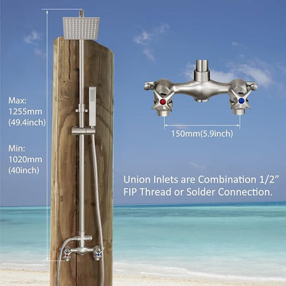 Aolemi Outdoor Shower Kit with Handheld,Square Rain Shower,Brushed Nickel | 2-Handle Hot and Cold Control, Adjustable Height, 6-Inch Center Valve, 59-Inch Hose, Winter Drainage Outdoor Shower Fixtures