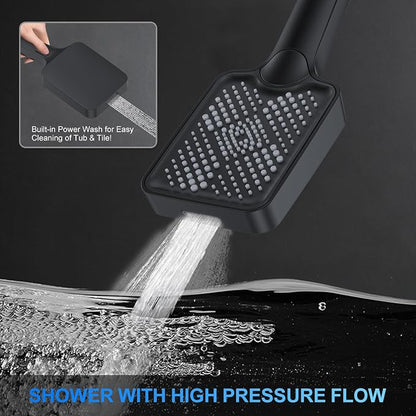 Shower Faucet Set, 12" Ceiling Mount Rainfall Shower System with 12'' Top Head+6'' Side Head and Multi-function Handheld Head Push Button Diverter Shower Faucet Trim Kit (12", Matte Black)