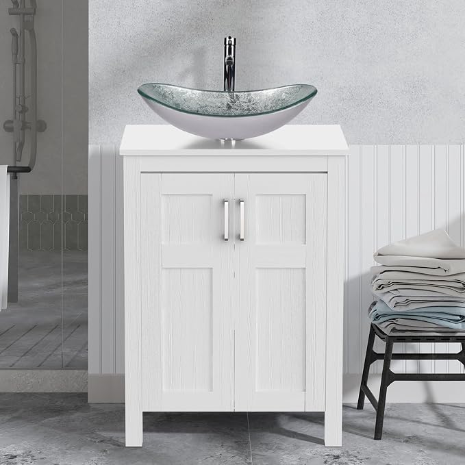YOURLITE 24" Bathroom Vanity with Sink, White Bathroom Vanity and Sink Combo with Faucet & Pop Up Drain Set,Traditional Vanity with Blue Glass Boat Bathroom Sink