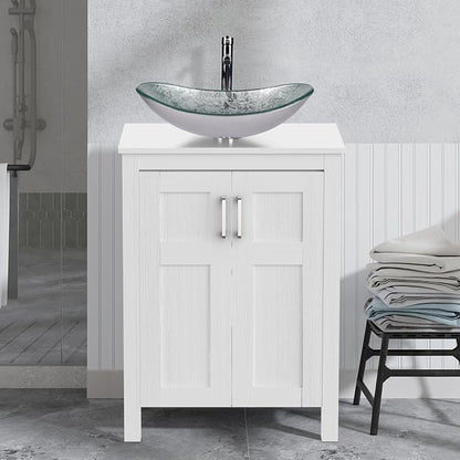 YOURLITE 24" Bathroom Vanity with Sink, White Bathroom Vanity and Sink Combo with Faucet & Pop Up Drain Set,Traditional Vanity with Blue Glass Boat Bathroom Sink
