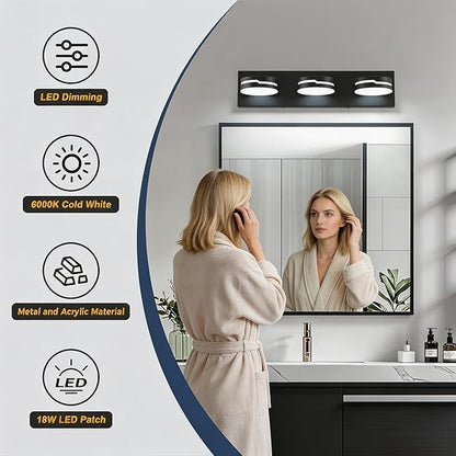 Vanity Lights for Bathroom, Matte Black Bathroom Light Fixtures Over Mirror, 3-Light Modern LED Wall Sconce Makeup Lighting, 350° Rotatable, Dimmable 6000K Cool White, Hardwired