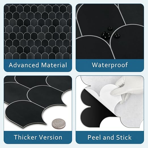 SUNWINGS 10-Sheet Fish Scale Peel and Stick Backsplash Tile, 11.4'' x 10.9" Stone Composite Scallop Handmade Looks Self-Adhesive Wall Tiles for Kitchen Bathroom, Black