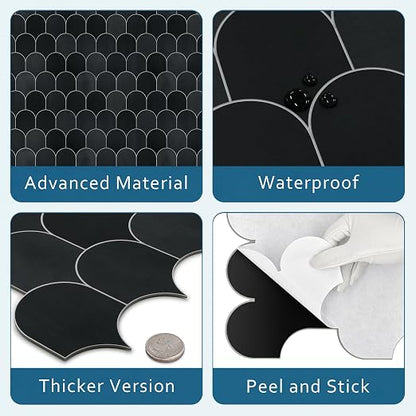 SUNWINGS 10-Sheet Fish Scale Peel and Stick Backsplash Tile, 11.4'' x 10.9" Stone Composite Scallop Handmade Looks Self-Adhesive Wall Tiles for Kitchen Bathroom, Black