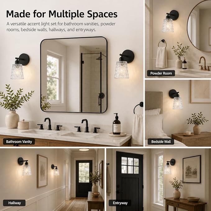 1-Light Black Bathroom Vanity Wall Sconces, 2-Pack Modern Fixtures with Textured Glass Shades and Stainless Steel Frame, E26 Sockets (Bulbs Not Included)