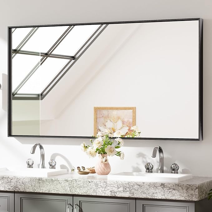 Keonjinn 55x30 Inch Black Bathroom Mirror for Over Sink, Aluminum Alloy | HD Tempered Glass, Vanity Mirror, Brushed Framed, Square Corner, Modern Farmhouse, Wall Mounted Mirrors, Rectangular