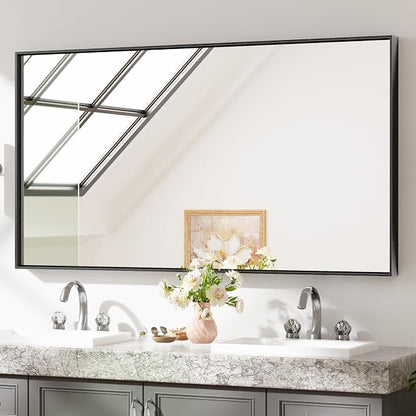 Keonjinn 55x30 Inch Black Bathroom Mirror for Over Sink, Aluminum Alloy | HD Tempered Glass, Vanity Mirror, Brushed Framed, Square Corner, Modern Farmhouse, Wall Mounted Mirrors, Rectangular