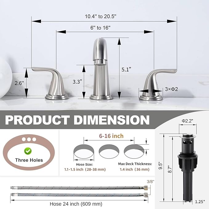 Bathroom Sink Faucet 3 Holes Brushed Nickel, ALEASHA Widespread Bathroom Faucet, Washroom Sink Faucets with 304 Stainless Steel Lead-Free Hose, Pop Up Drain with Overflow for RV Restroom Vanity Camper