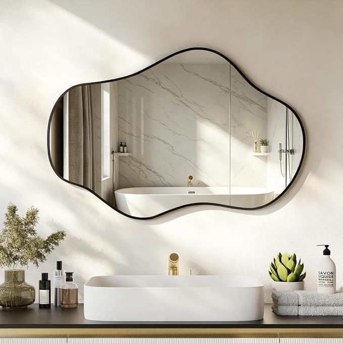 Irregular Wall Mirror, 24"x36" Asymmetrical Mirror with Metal Frame, Decorative Wall Mirror for Entryway Bathroom Living Room Bedroom, Horizontal or Vertical Hanging