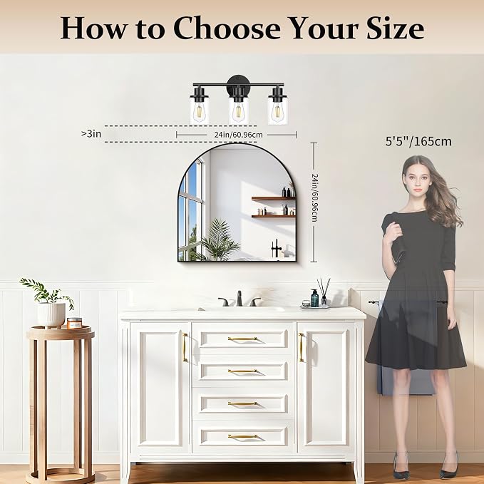 COFENY Arched Mirror, 24’’x24’’ Black Arch Mirrors for Bathroom Sink, Small Bathroom Vanity Mirror with Metal Frame, Modern Wall Mounted Mirror for Bedroom Living Room Mantle Entryway