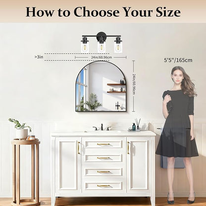 COFENY Arched Mirror, 24’’x24’’ Black Arch Mirrors for Bathroom Sink, Small Bathroom Vanity Mirror with Metal Frame, Modern Wall Mounted Mirror for Bedroom Living Room Mantle Entryway