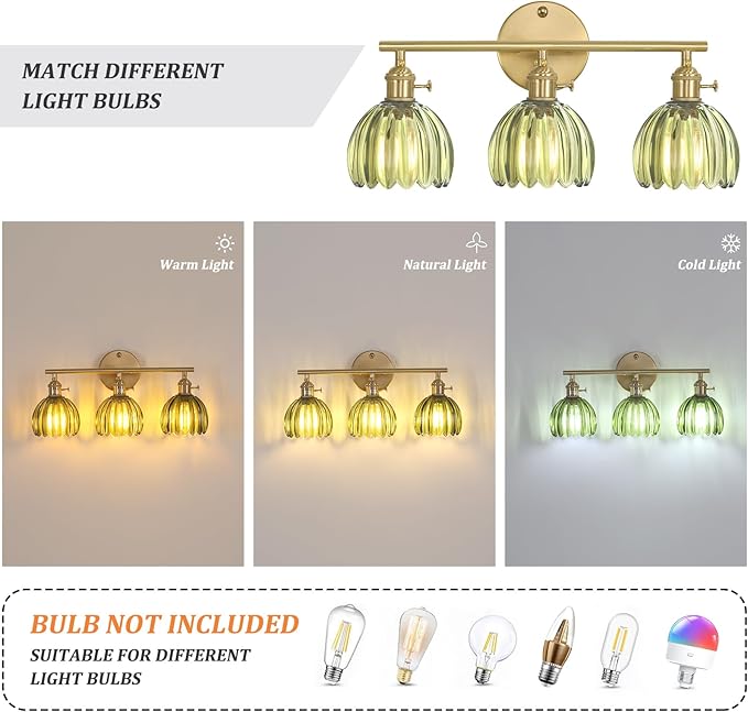 Bathroom Light Fixtures, 3-Light Brass Vanity wall Light Over Mirror with Green Tulip Glass Shade for Bedroom Living Room (Bulb Not Included)