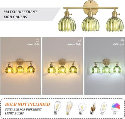 Bathroom Light Fixtures, 3-Light Brass Vanity wall Light Over Mirror with Green Tulip Glass Shade for Bedroom Living Room (Bulb Not Included)