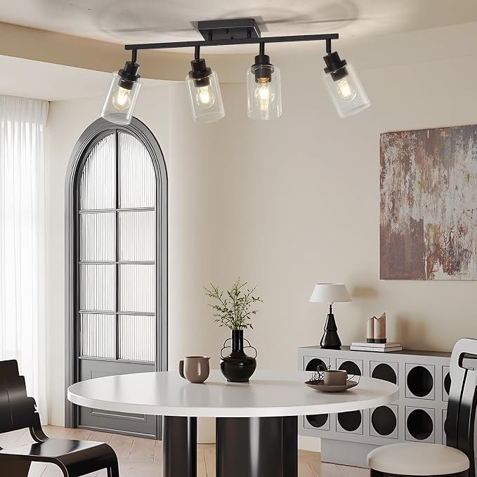 LOUSACE 4 Light Kitchen Track Light Fixtures Ceiling Vanity Lights Black, Bathroom Track Lighting Kit w/Rotatable Heads & Clear Glass Shade, Modern Wall Ceiling Tracking Light for Accent Shop Hallway